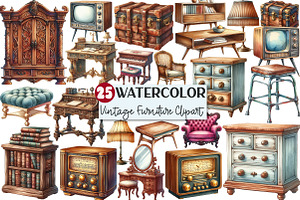 Vintage Furniture Watercolor Clipart, an Illustration by Rose Art