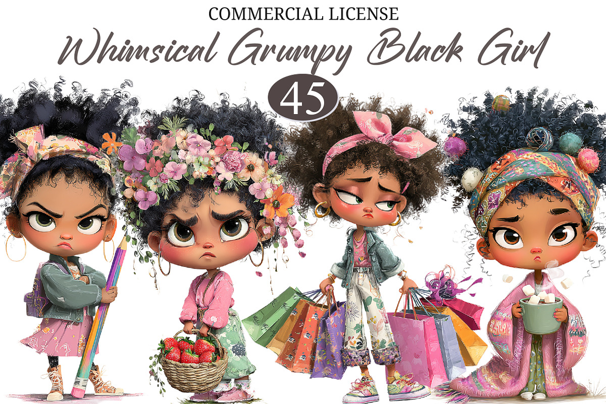 Whimsical Grumpy Black Girl Clipart, a Seasonal Illustration by designcity5 (Photo 1 of 5)