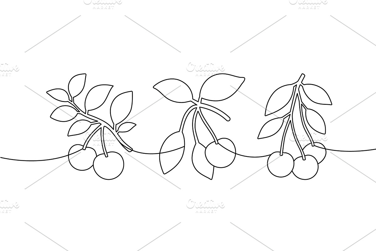 Cherry branch continuous line art, a Food Illustration by GraphiShop