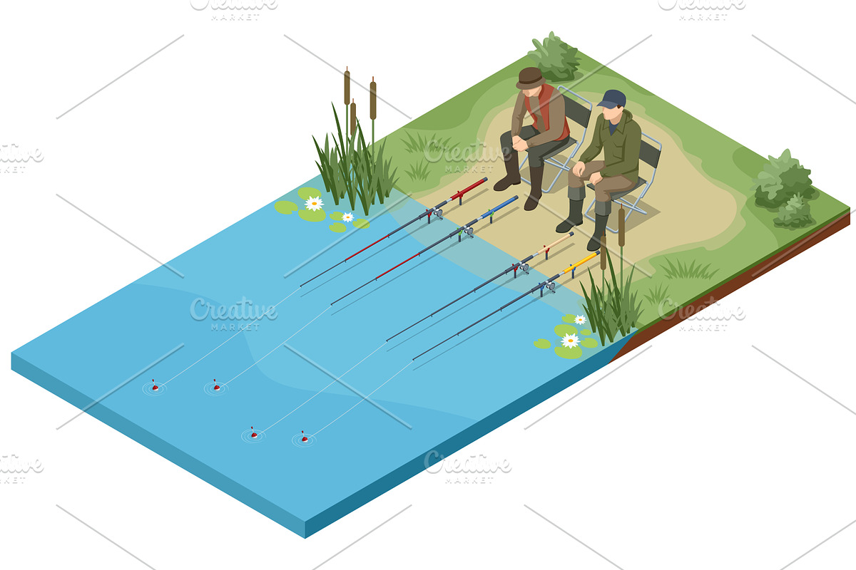 Isometric scene of two fishermen, an Illustration by Golden Sikorka