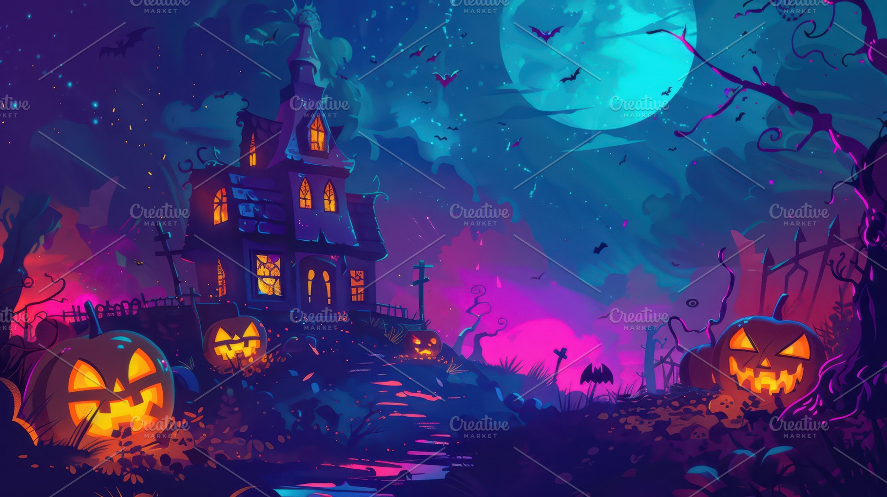 Haunted house with glowing jack-o'-lanterns and a full moon in a spooky Hallowe, a Holiday Photo by Mashimara