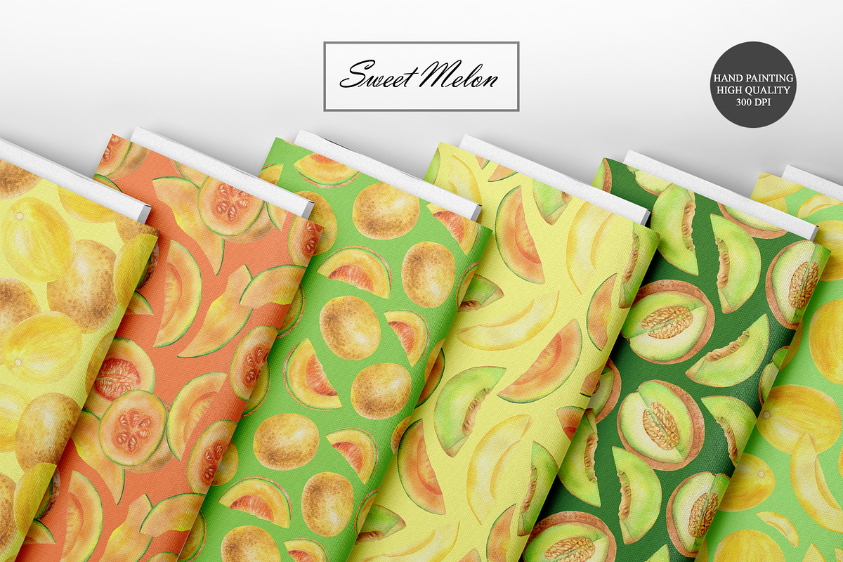 Watercolor Melon Seamless Patterns, a Food Illustration by OlDm_Shop (Photo 3 of 10)