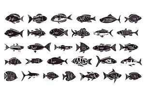 Sea Fishes Linocut Print Style Icons, an Animal Illustration by LadadikArt
