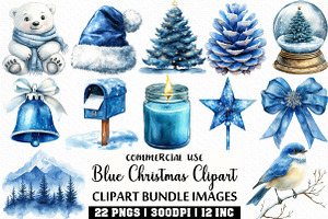 Watercolor Blue Christmas Clipart, an Illustration by Craft Nest