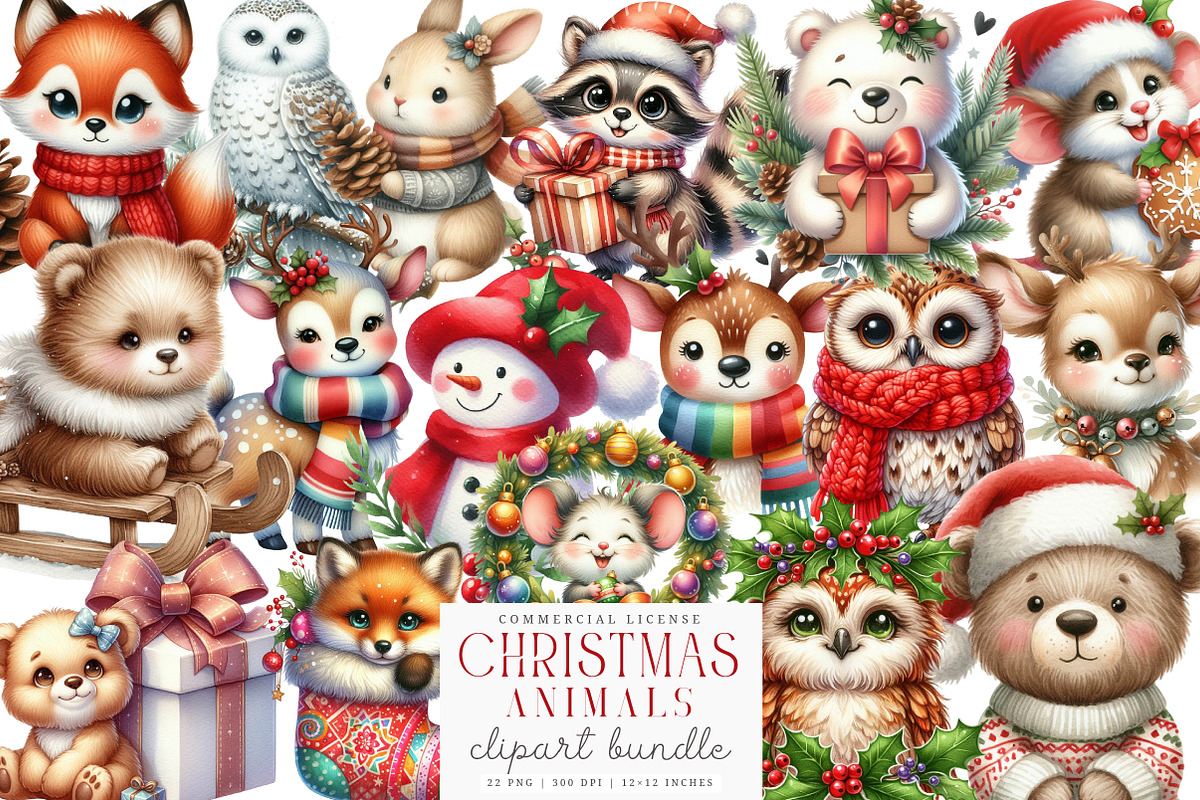 Sweet Christmas Woodland Animals PNG, an Illustration by SinaCreation (Photo 1 of 7)