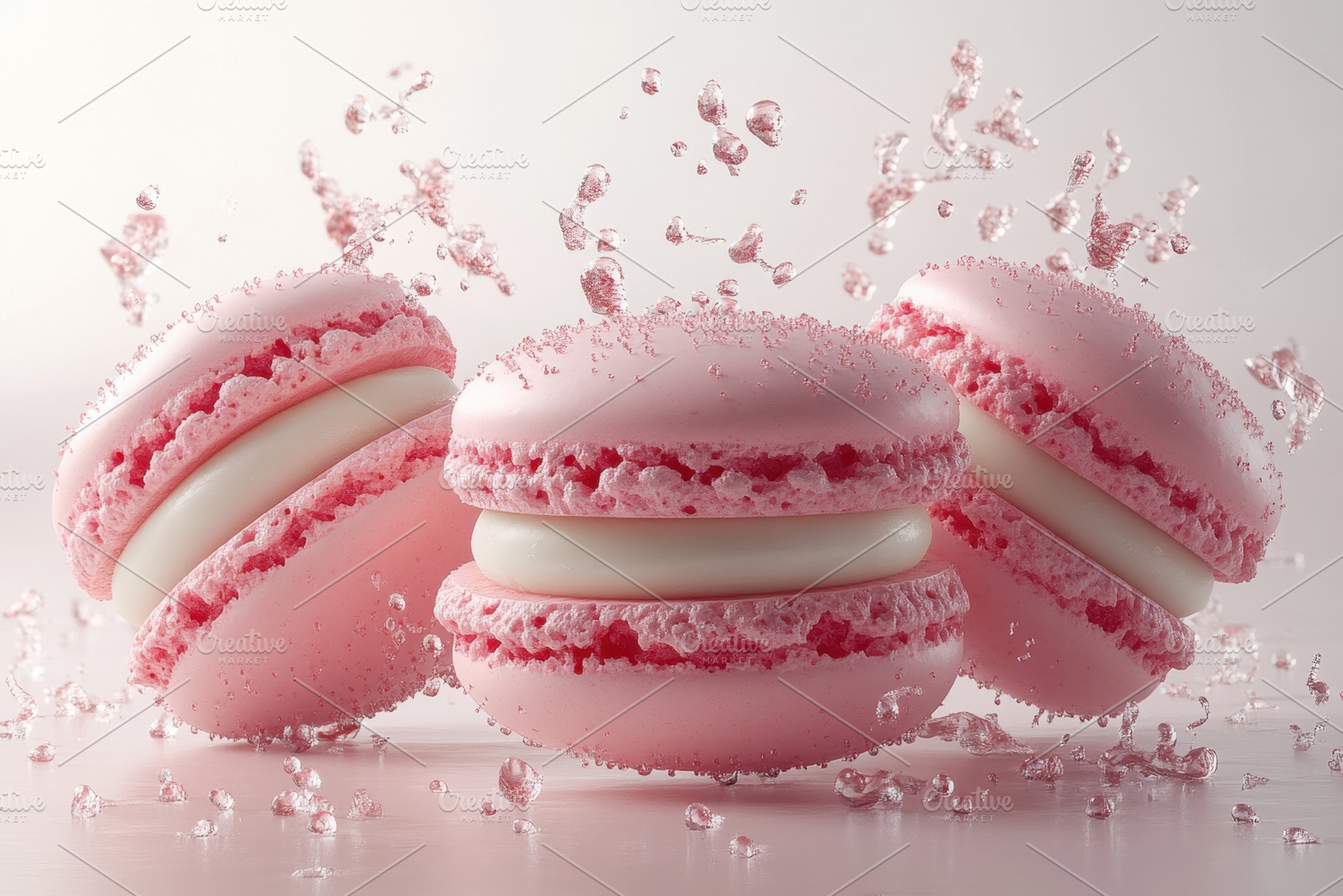Pink macarons with water droplets ca, a Photo by Tanuart