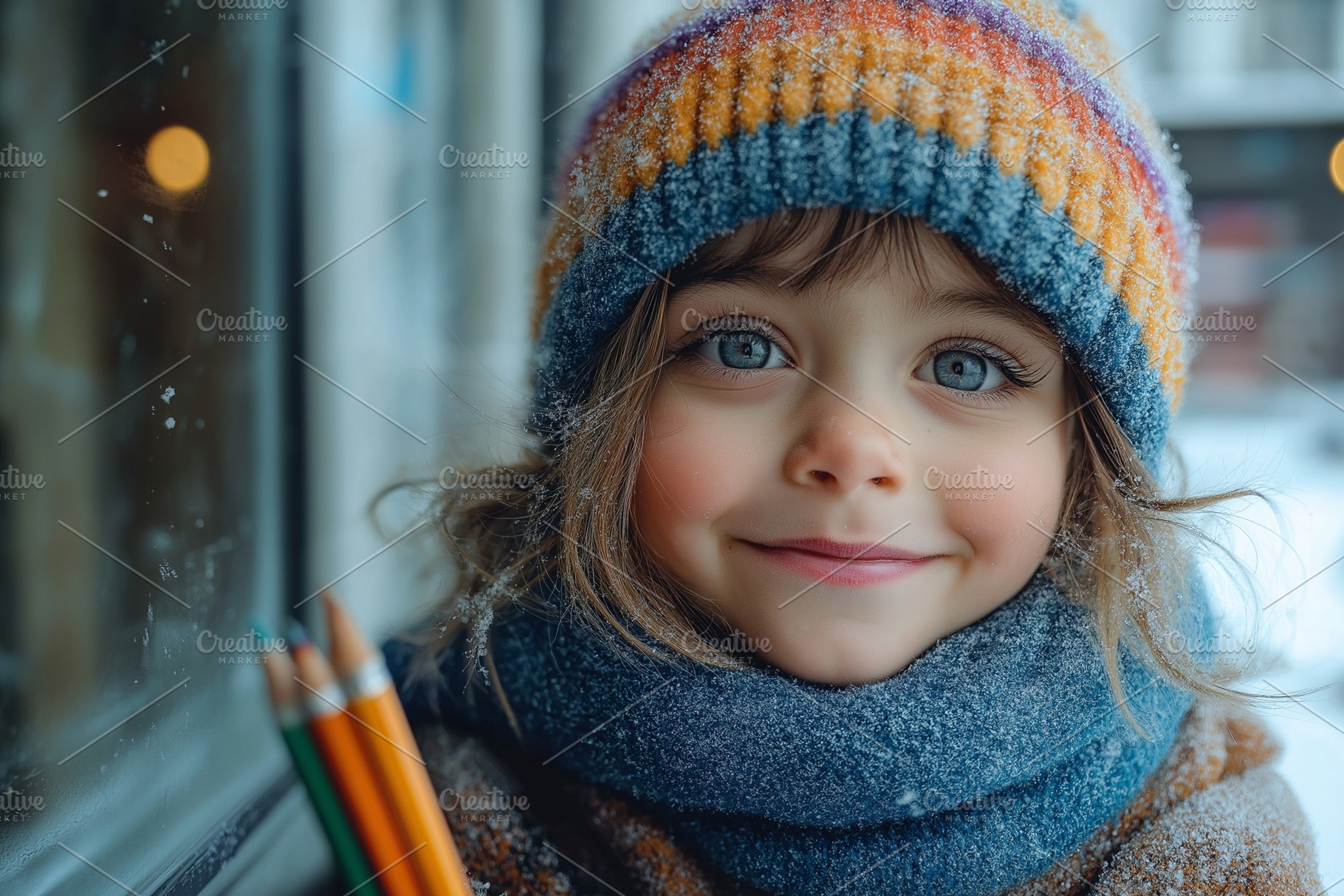 A joyful young girl with blue eyes and curly hair, wearing a colorful knitted h, a Person Photo by ImageMir