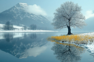 Winter landscape with snowy tree reflecting in calm lake, a Nature Photo by AlyaAnd