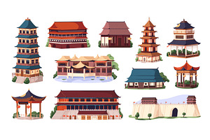 Chinese buildings set + banner, a Decorative Illustration by PaperTrident