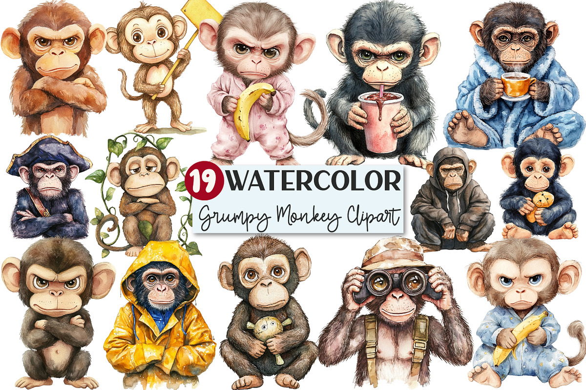 Cute Grumpy Monkey Clipart, an Illustration by Rose Art (Photo 1 of 7)