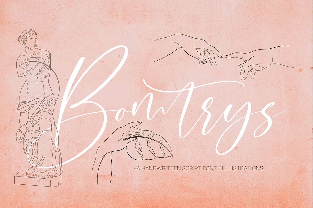 Bomtrys Script Font & Illustrations, a Script Font by CallMeStasia (Photo 1 of 13)