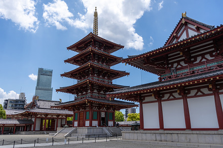 Main gate and pagoda of Shitenno-ji Temple in Osaka, Japan, an Architecture Photo by GoodGoods
