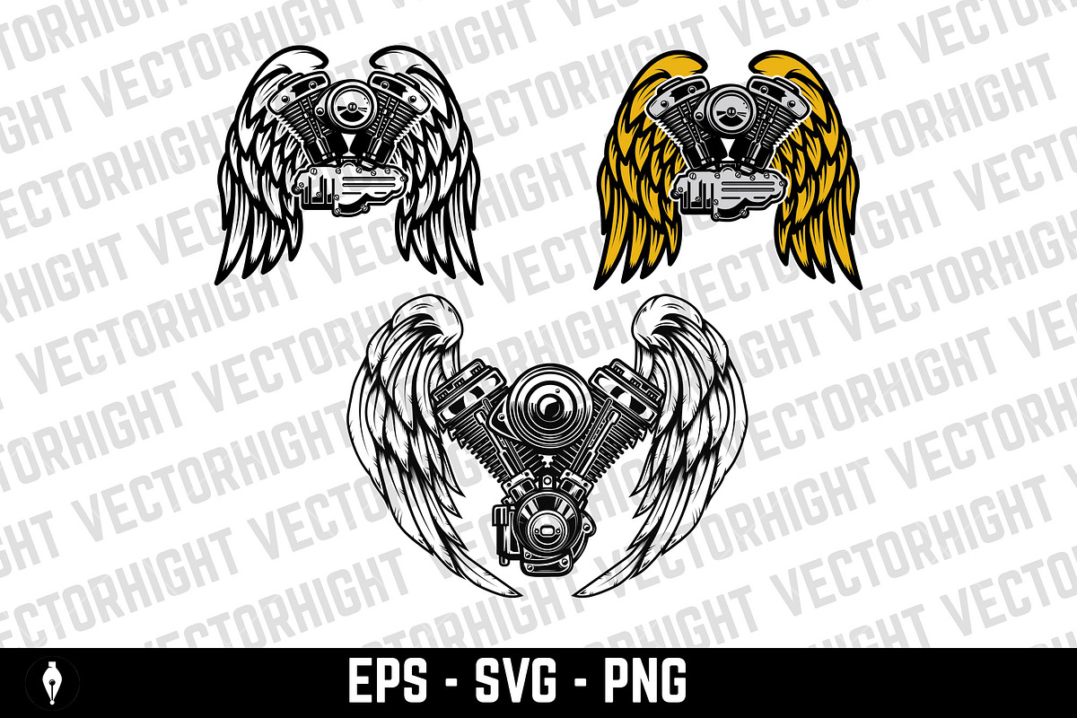 Set of winged motorcycle engine., a Transportation Illustration by Vectorhight