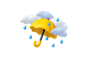 3D umbrella in rain with clouds.