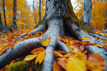 Macro view of autumn tree roots with fallen leaves. Generative AI, a Nature Photo by OSORIOartist