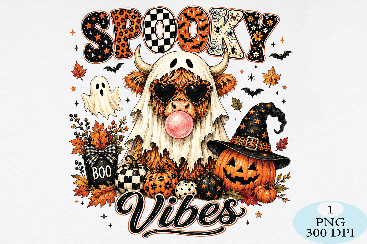 Spooky Vibes Highland Cow PNG, a Seasonal Illustration by Daily.Designs (Photo 1 of 5)
