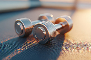 Shiny metal dumbbells on textured surface, a Sports & Recreation Photo by AlyaAnd