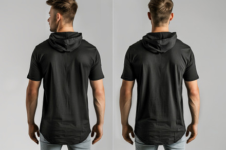 A young man models a black hooded sh, a Photo by Tanuart