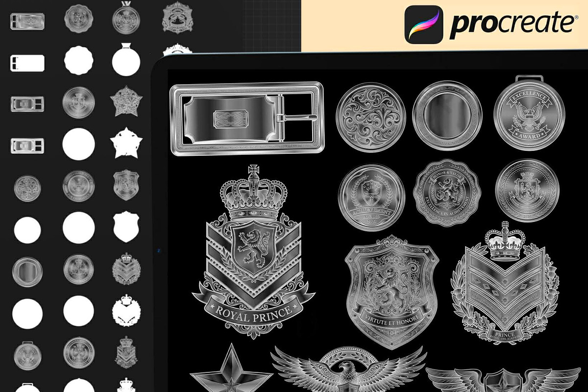 Procreate Metal Badge & Military Med, a Brush Add-On by DrawingStoryShop