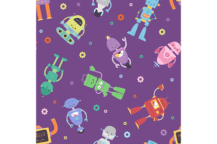 Robots and transformer androids cartoon toys character robotics machine cyborg vector seamless pattern background, a Technology Illustration by RocketArt