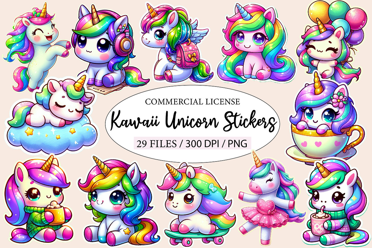 Kawaii Unicorn Stickers Clipart, an Illustration by Designworld (Photo 1 of 7)