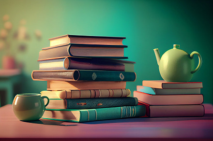Many books on a wooden table