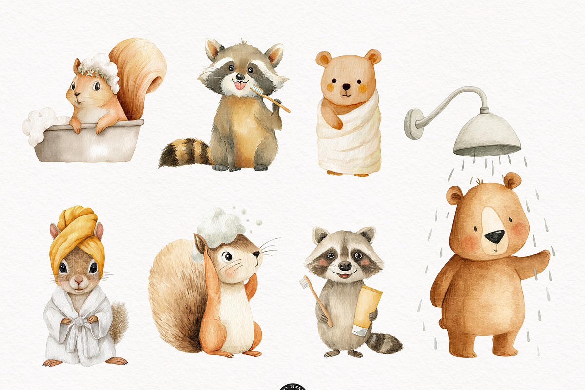 Cute Bath time Clipart- Woodland PNG, an Animal Illustration by PaintPixelCo (Photo 5 of 14)