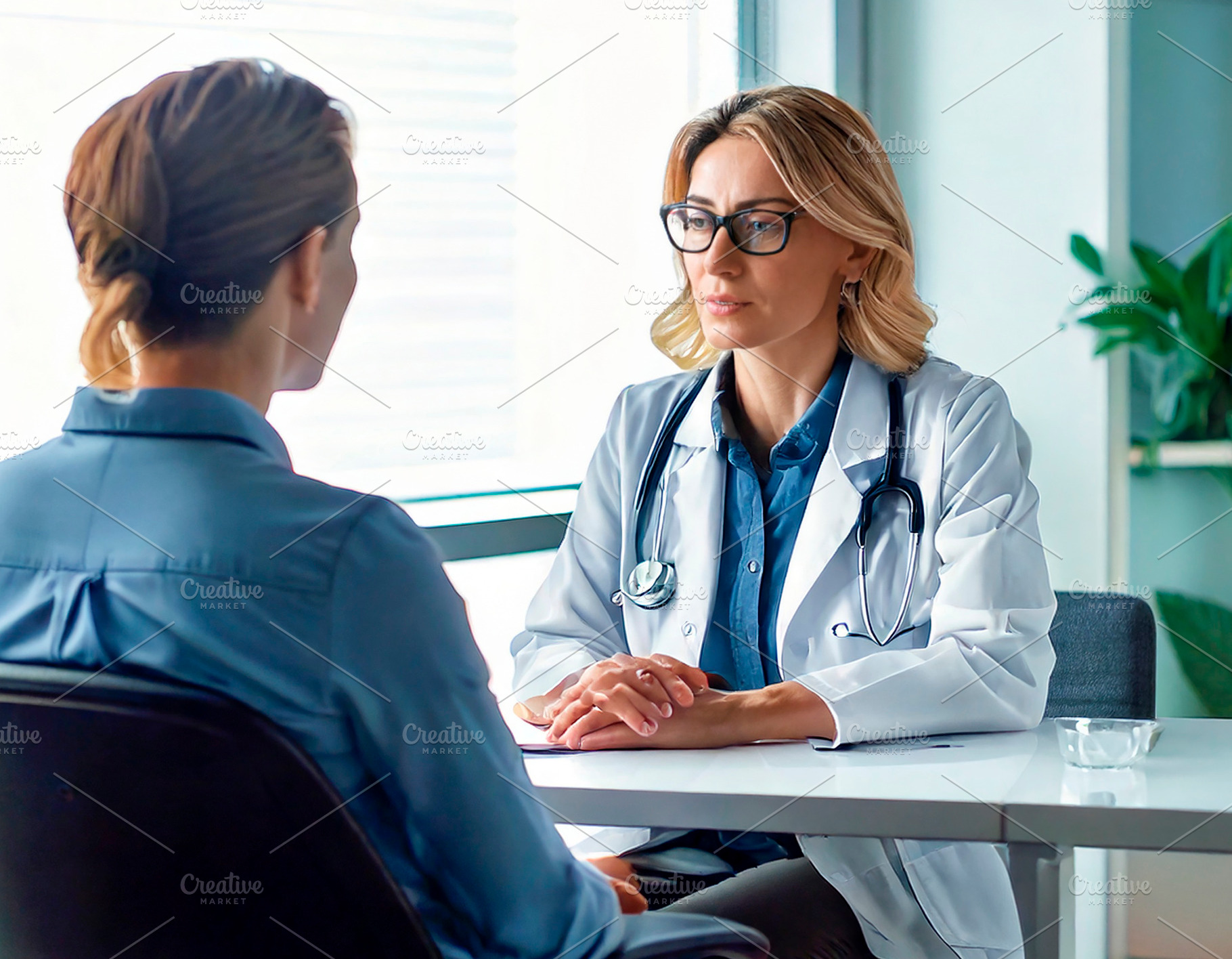 Doctor talking to a seated patient in a bright clinical office i, a Health & Medical Photo by DanFLCreativo