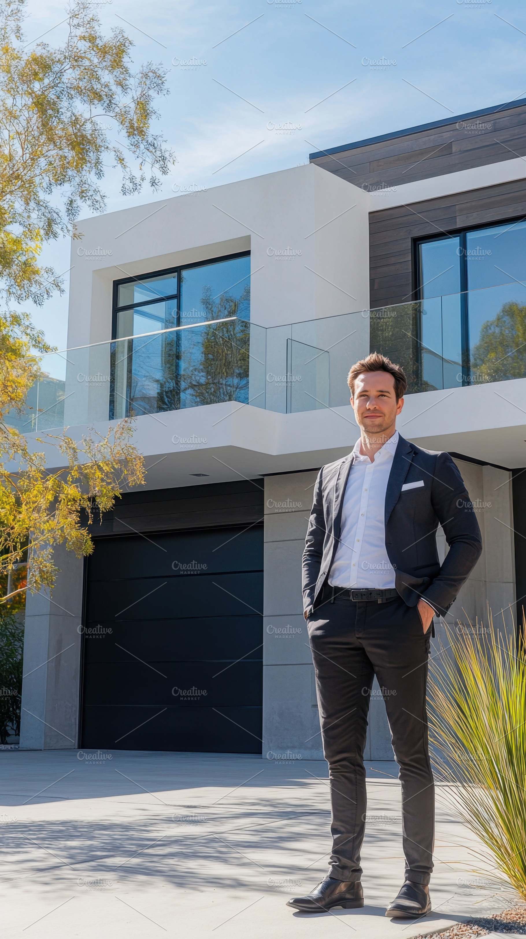 Modern man standing near sleek house, a Photo by Beautiful things