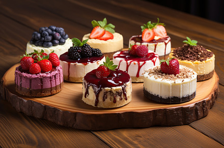 Different pieces of cheesecake with fresh berries on wooden table, a Food & Drink Photo by AlyaAnd