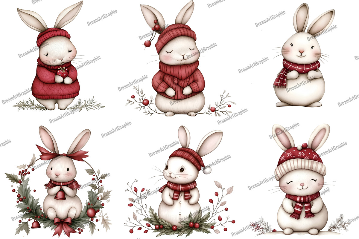Whimsical Christmas Rabbit Clipart, an Illustration by DreamArtGraphic (Photo 3 of 5)