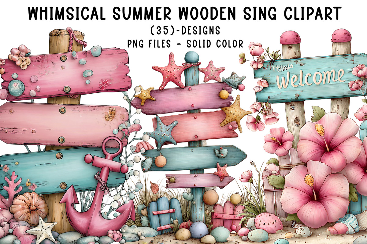 Whimsical Summer Wooden Sing Clipart, an Illustration by CreationArt (Photo 1 of 7)