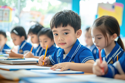 Little children in blue uniforms, a Photo by Pavel_design