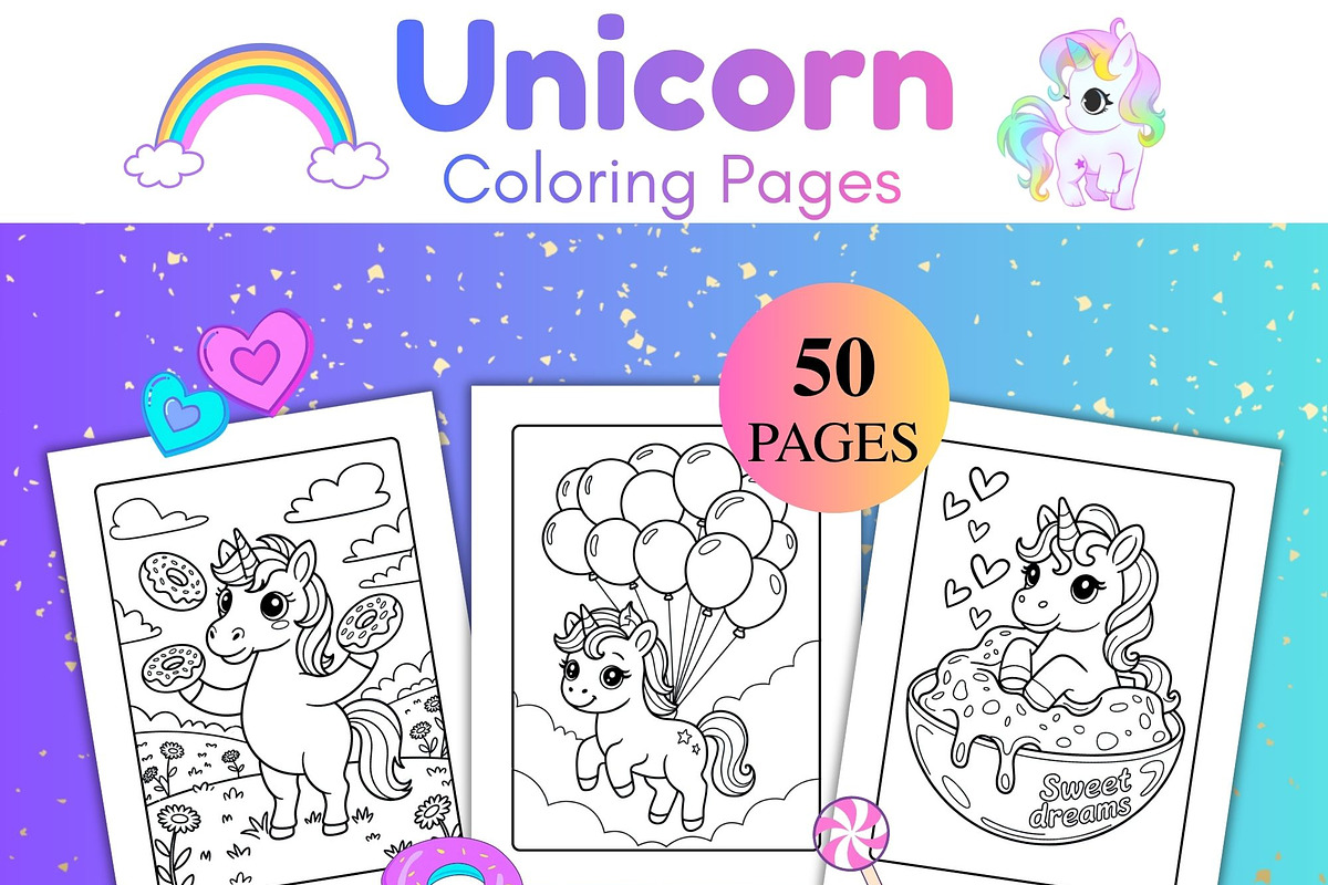 50 Unicorn Coloring Pages for Kids, an Animal Illustration by SimoDigitalArt (Photo 1 of 5)
