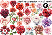 Valentine watercolor roses & hearts, a Seasonal Illustration by CitraGraphics (Thumbnail 1 of 6)