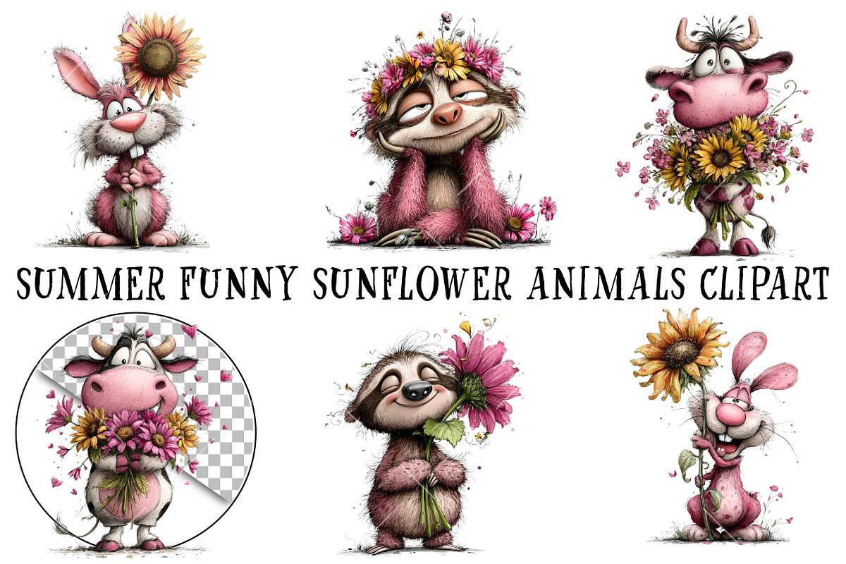 Summer Funny Sunflower Animals Clipa, an Illustration by OK Design (Photo 2 of 6)