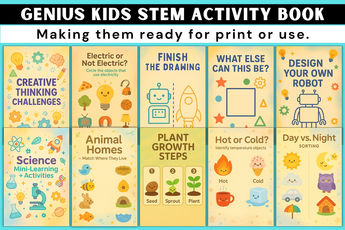 Genius Kids STEM Activity Book, a Stationery Template by Designmela01 (Photo 6 of 7)