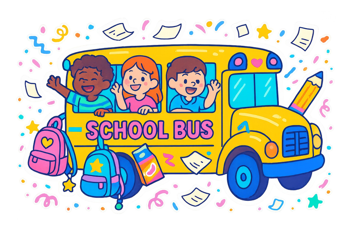 Children on a school bus surrounded, an Illustration by Dvoevnore photos