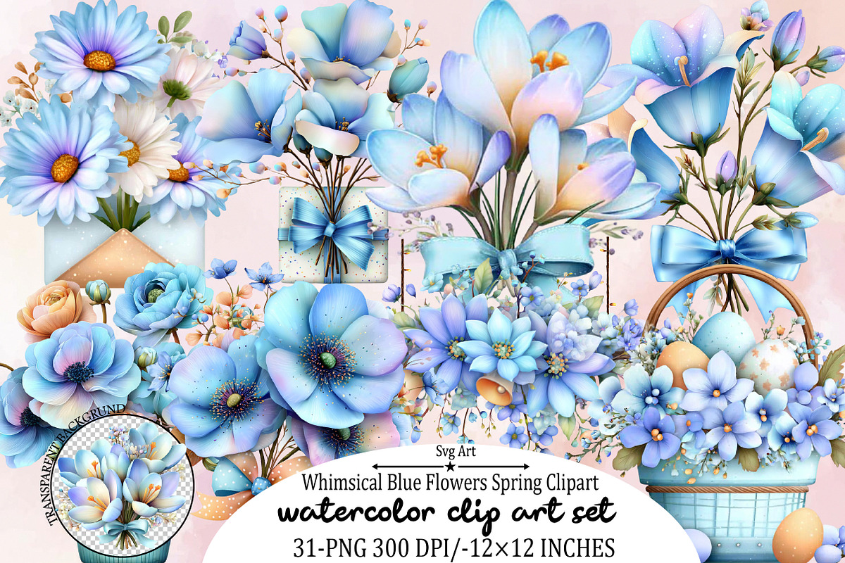 Whimsical Blue Flowers Spring Clipar, an Illustration by SVGArt (Photo 1 of 9)