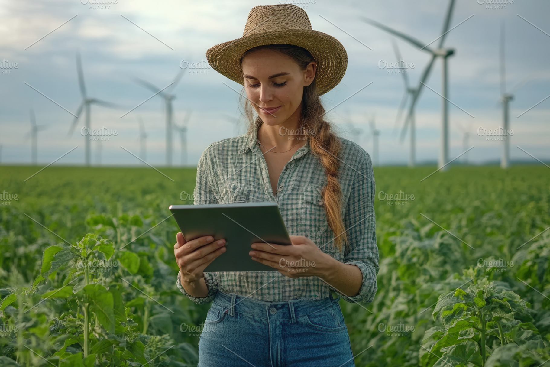 Young woman in a straw hat checks ta, a Photo by Tanuart