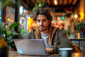 Young Hispanic man focused on his laptop in a cozy café surroun, a Person Photo by ImageMir