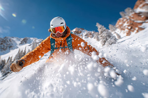 Skier carving through fresh snow in the mountains, a Sports & Recreation Photo by AlyaAnd