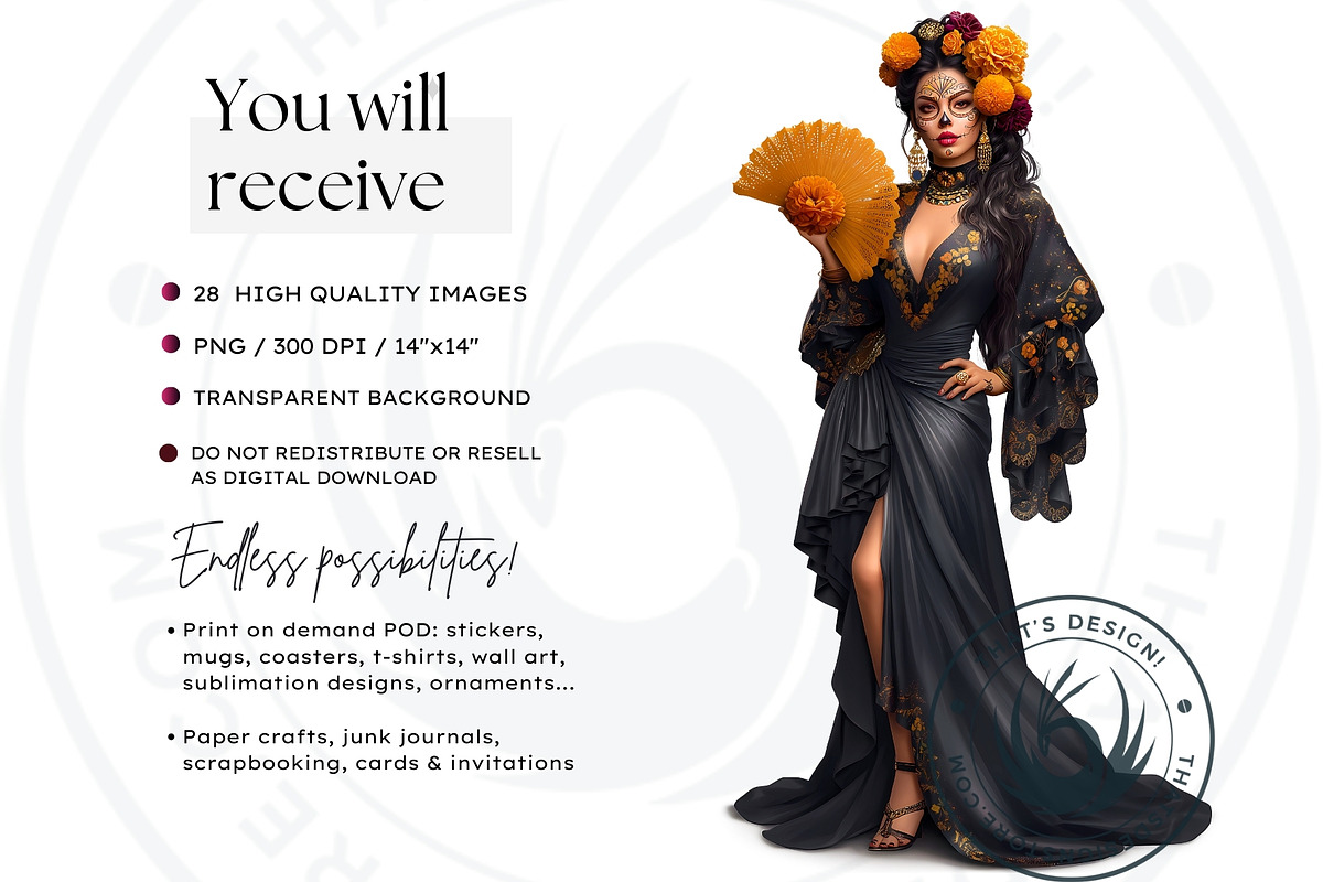 La Catrina Day of the dead Clipart 4, a Seasonal Illustration by ThatsDesignArt (Photo 2 of 10)