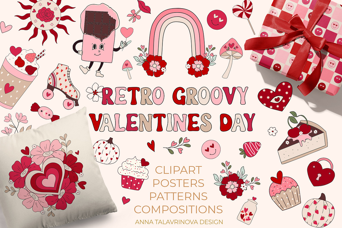 Retro Groovy Valentines Day clipart, an Illustration by Cozy pattern shop (Photo 1 of 9)