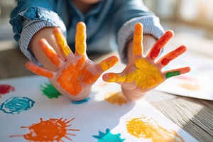 Colorful handprints of children in creative play, an Arts & Entertainment Photo by AlyaAnd