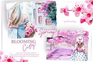 Watercolor Blooming City Clipart Set