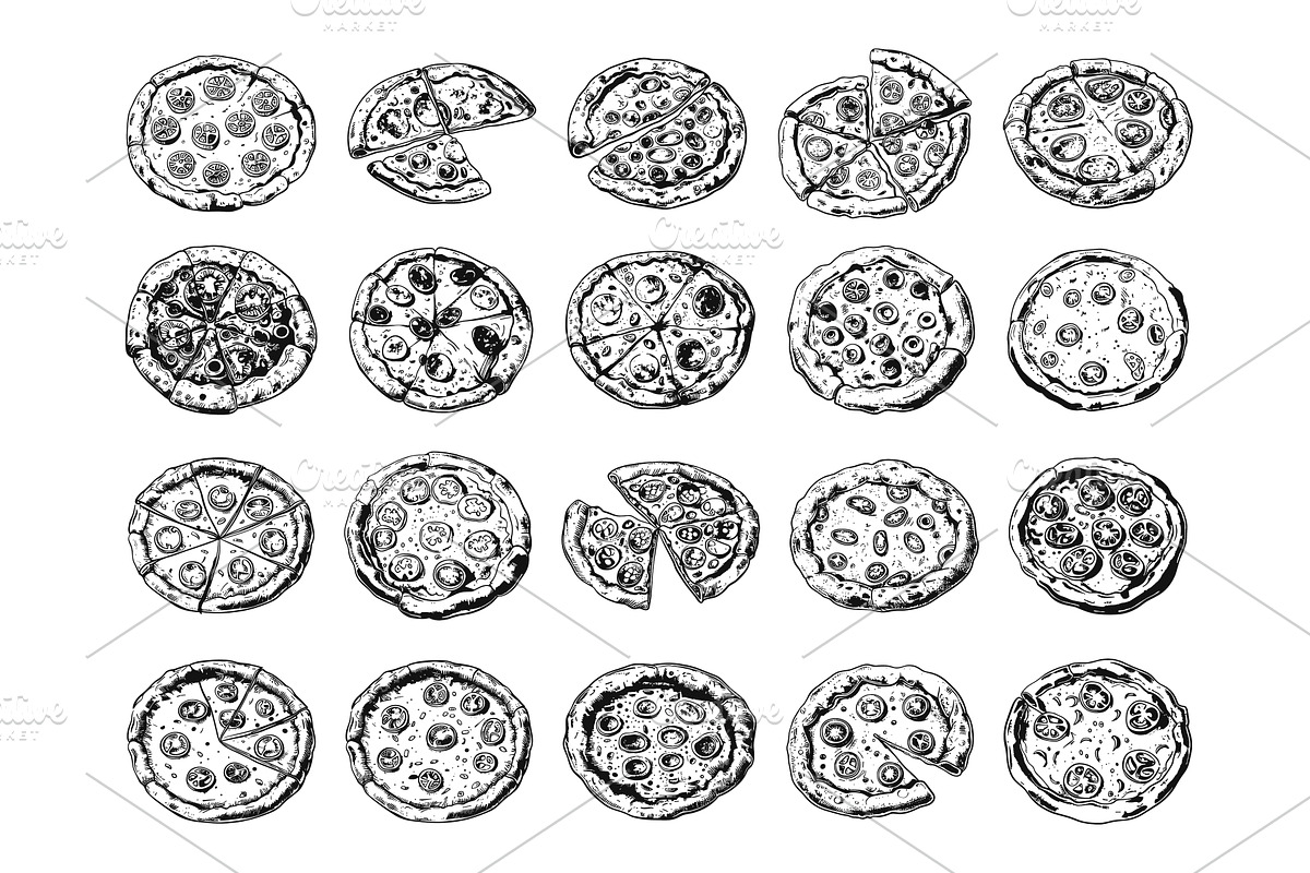 Italian Pizza Sketch Hand Drawn, a Food Illustration by LadadikArt