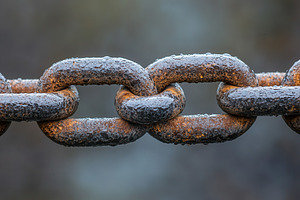 Rusty metal chain links glistening w, a Photo by Tanuart