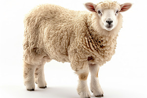 Adorable young sheep with fluffy wool, standing against a bright white backgrou, an Animal Photo by ImageMir