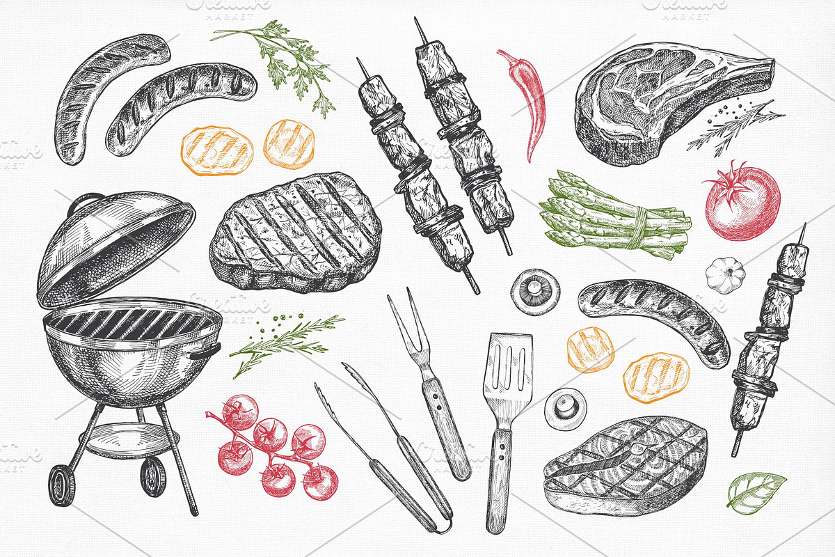 BBQ Grill Sketch Set., a Food Illustration by natadanko (Photo 2 of 3)